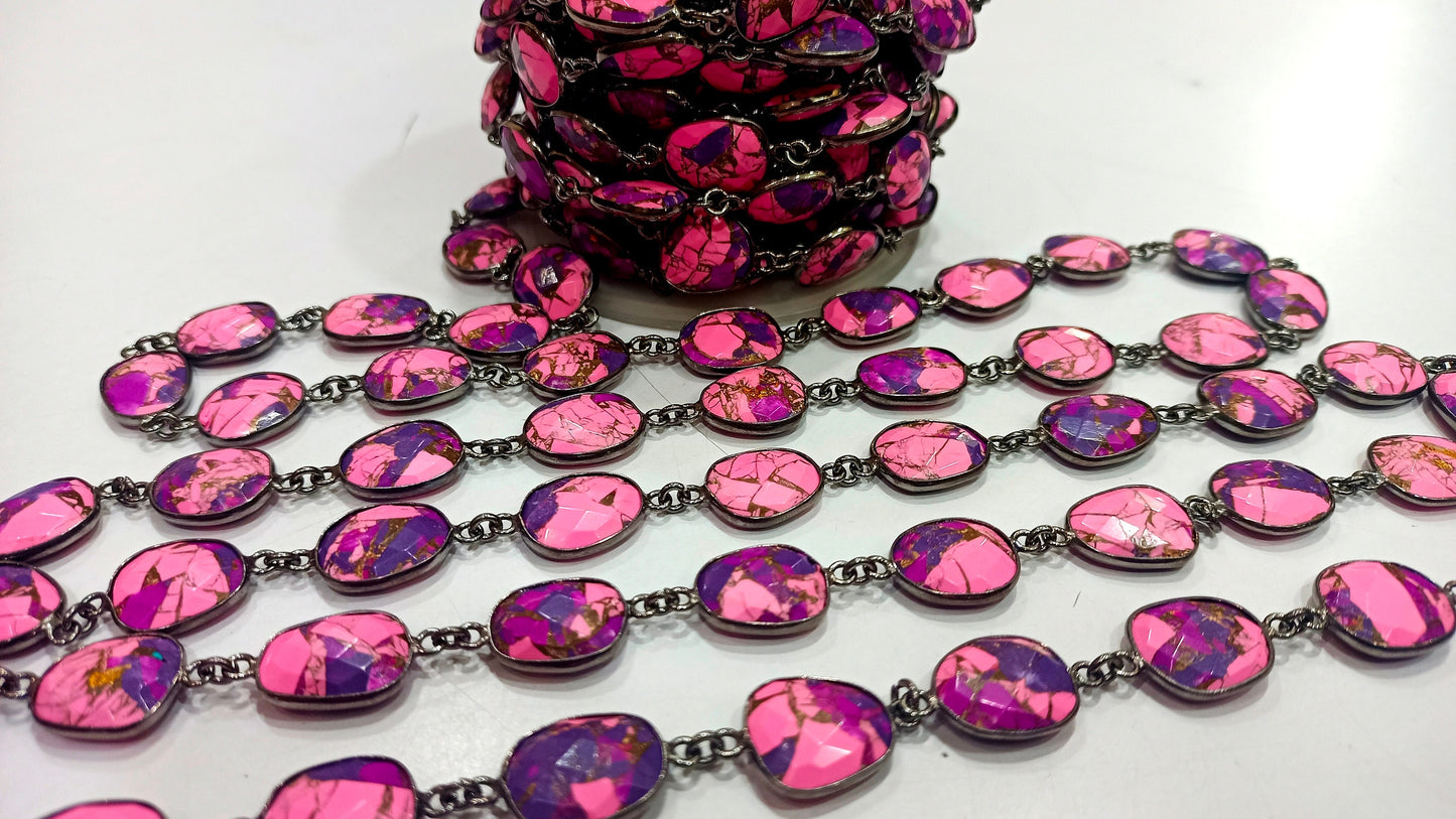 Natural Mohave Pink Calcite and Purple Copper Turquoise 12to15mm Free Shape Bezel Connector Chain Sold Per foot Great Quality Chain