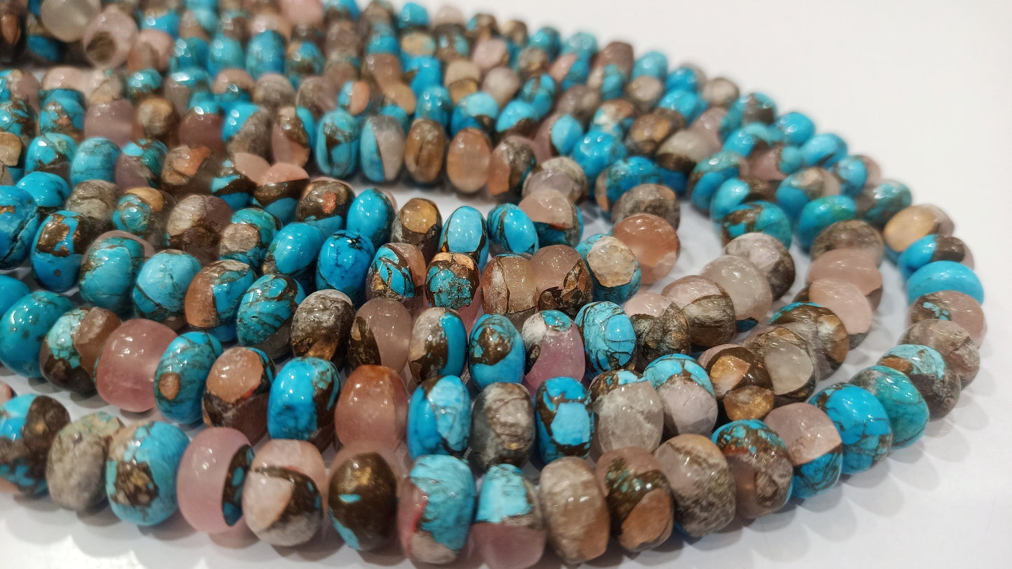Natural Mohave Rose Quartz and Blue Copper Turquoise Rondelle Plain Smooth 8mm Beads Sold Per Strand 8 inches Long beads