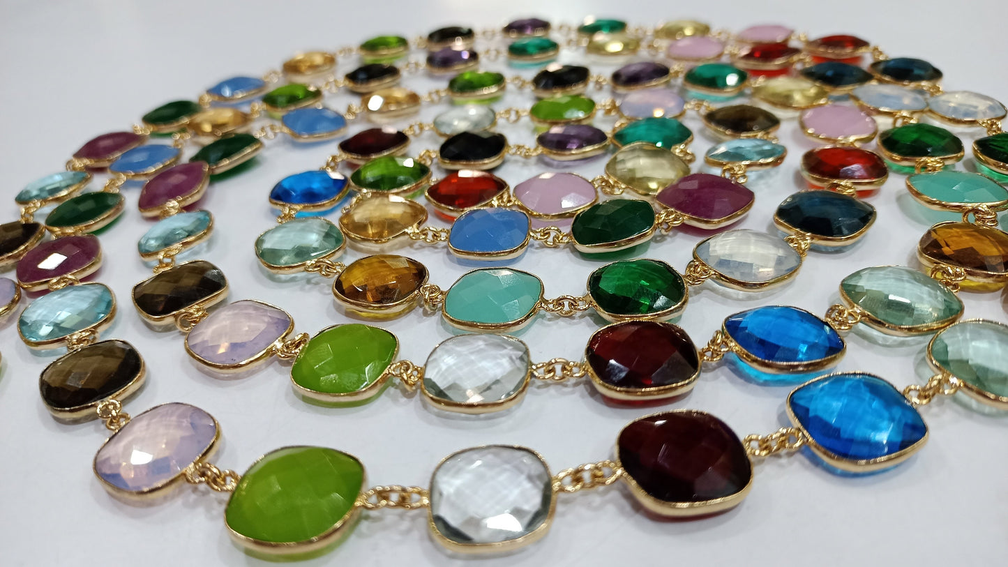 Natural Multi Gemstone Cushion Shape Briolette 15mm Bezel Connector Chain Sold Per Foot Great Quality