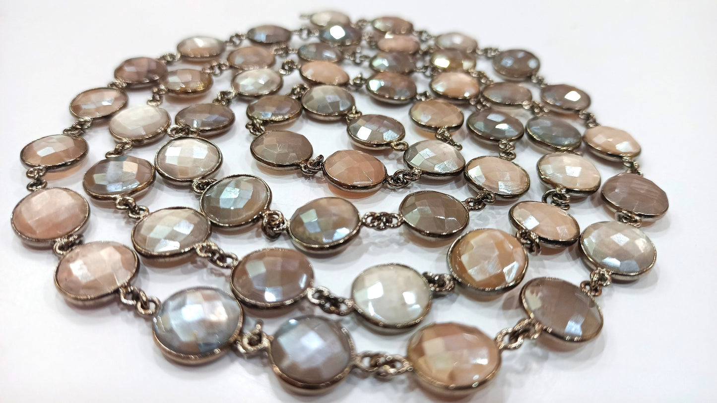 Natural Grey Moonstone Coin Shape Briolette Mystic Coated 12mm Bezel Connector Chain Sold Per Foot