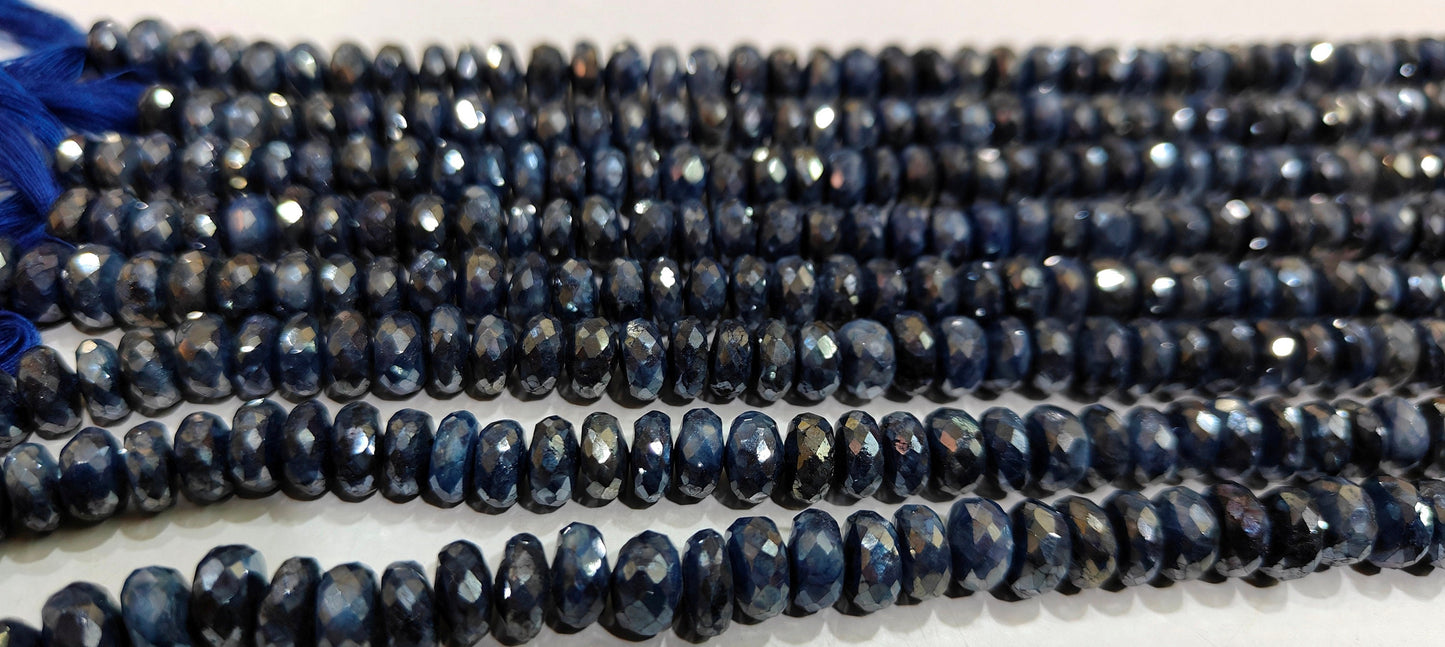 Natural Blue Sapphire Silverite Rondelle Faceted 6 to 9mm Size Graduated Gemstone Beads strand 8 Inches Long Wholesale Prices