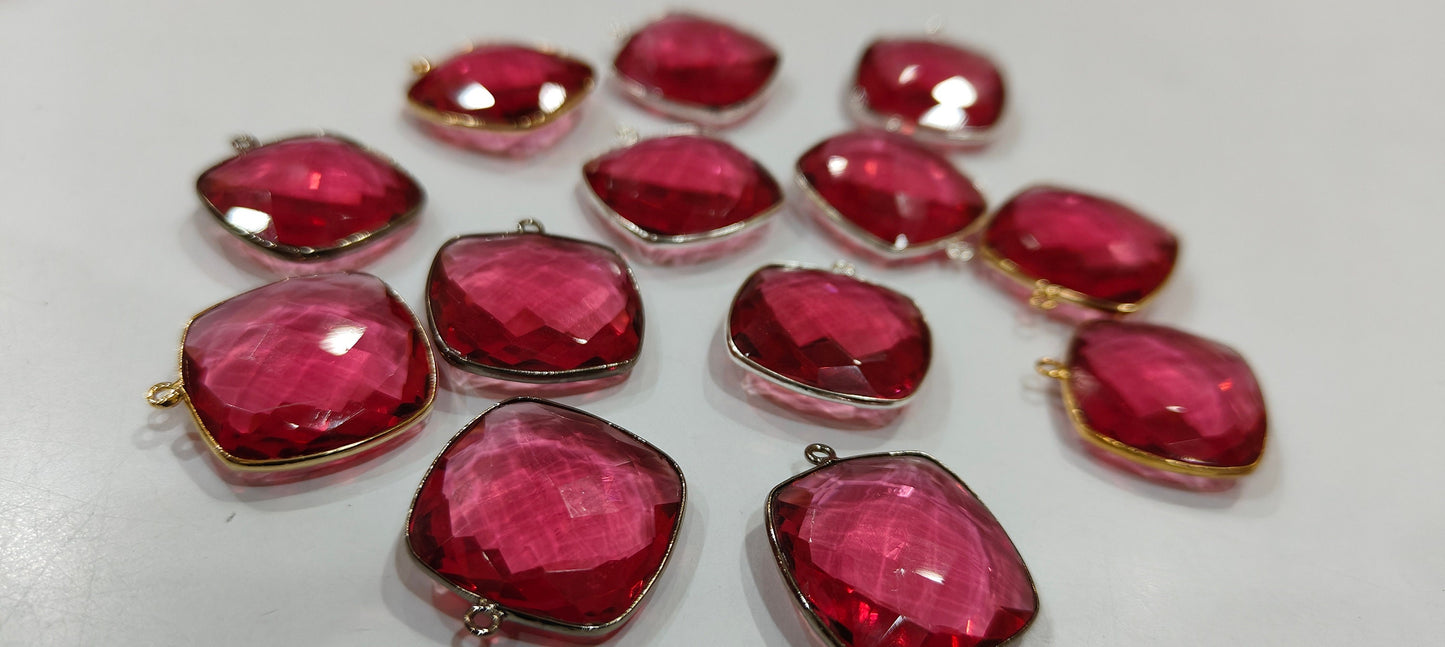 Ruby Quartz Cushion Shape 21mm Briolette Connectors Hydro Quartz Single Loop Bezel Charms Jewelry Making Bezel Choose Plating