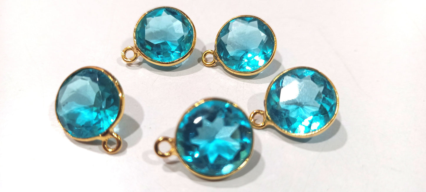Blue Topaz Star cut Coin Shape 12mm Gemstone Single Loop Bezel Connecter Charms