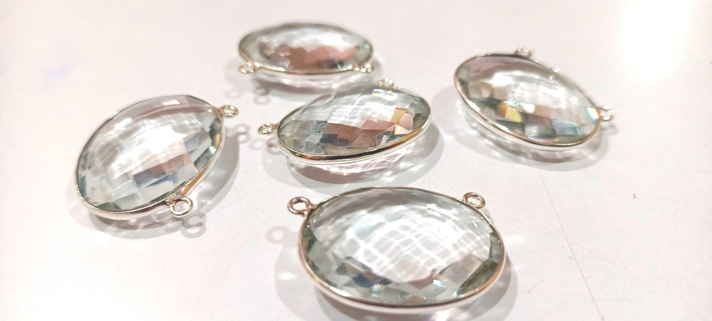 Crystal Quartz Oval Shape 20x27mm Gemstone Briolette Double Loop Bezel Connector Charms