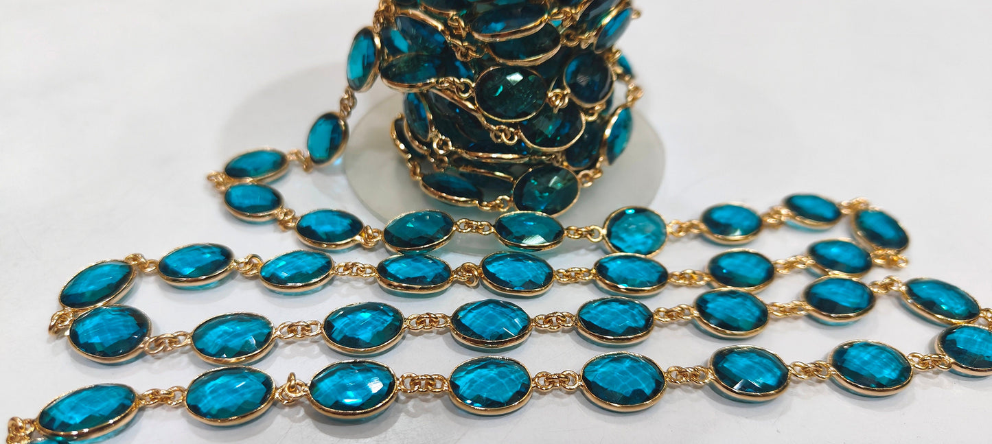 Swiss Blue Topaz Quartz Oval Shape Bezel Connector Chain 10x13mm Size Chain Sold Per Feet Wholesale Price