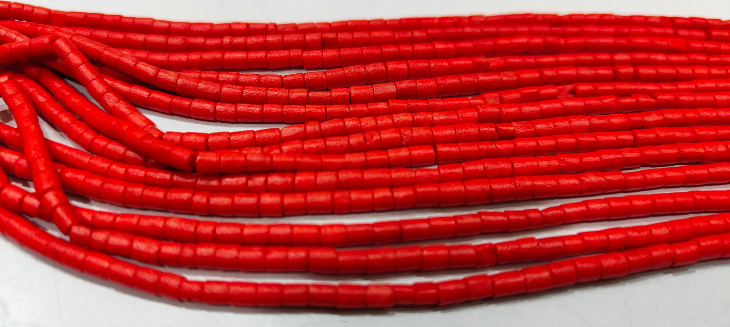 Natural Italian Coral Pipe Shape 3mm Beads Sold Per Strand 13 Inch Long