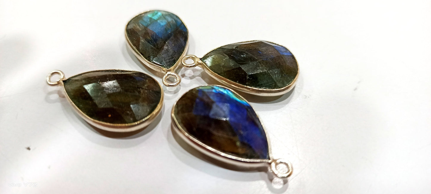 Natural Labradorite Pear Shape 13x17mm Briolette Faceted Blue Flashy Single Loop Bezel Connectors Sold Per Piece