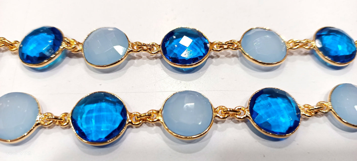 Blue Chalcedony Coin Shape 11mm Briolette Faceted Connector Link Chain Sold Per Foot Wholesale Prices Jewelry making chain