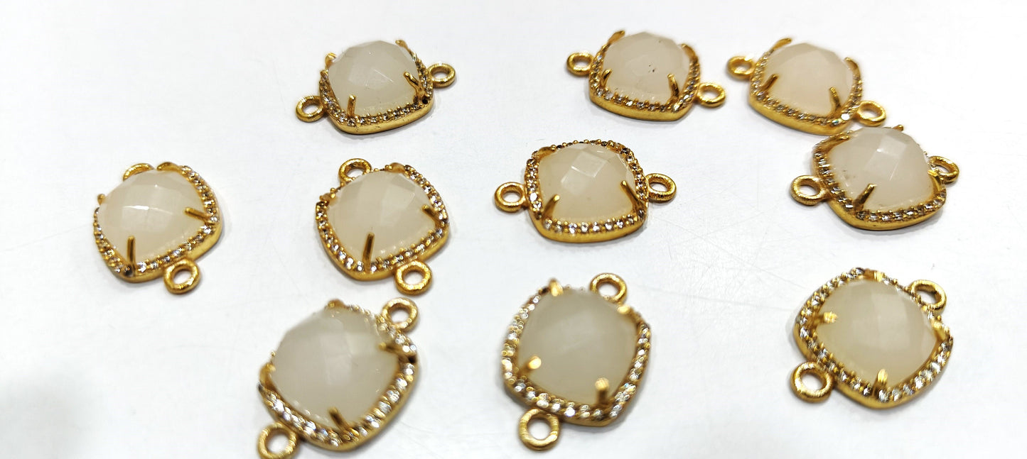 Multi Quartz Stone Briolette Cushion Shape Connector Pave CZ Double Loop 13mm charm, Gemstone Bezel, Setted Cubic Zirconia Jewelry Per piece
