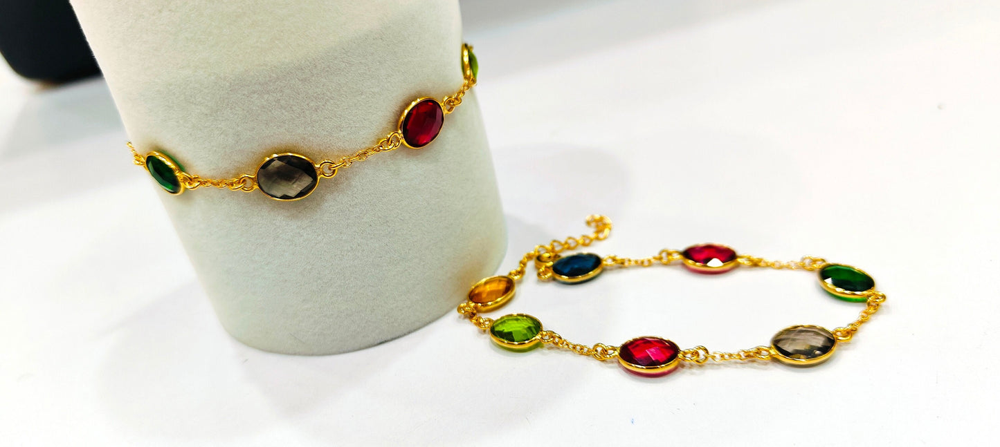 Handmade Gemstone Bracelet Multi Color Oval Briolette 8x10mm Stones with Link Chain Gold Plated 8 inches long including 1 inch extender