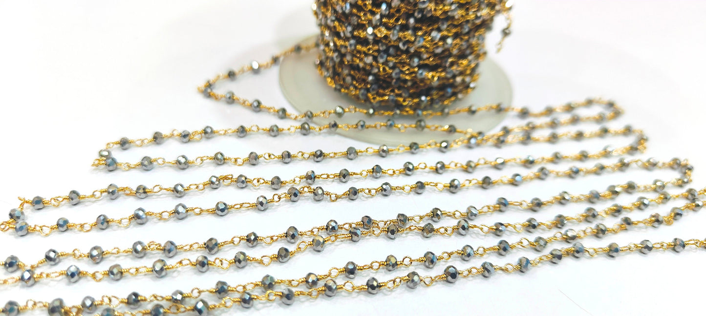 Silver Pyrite 3mm Hydro Quartz Rondelle Faceted Beaded Rosary Wire Wrapped Aati Beaded chain Wholesale Price sold per foot