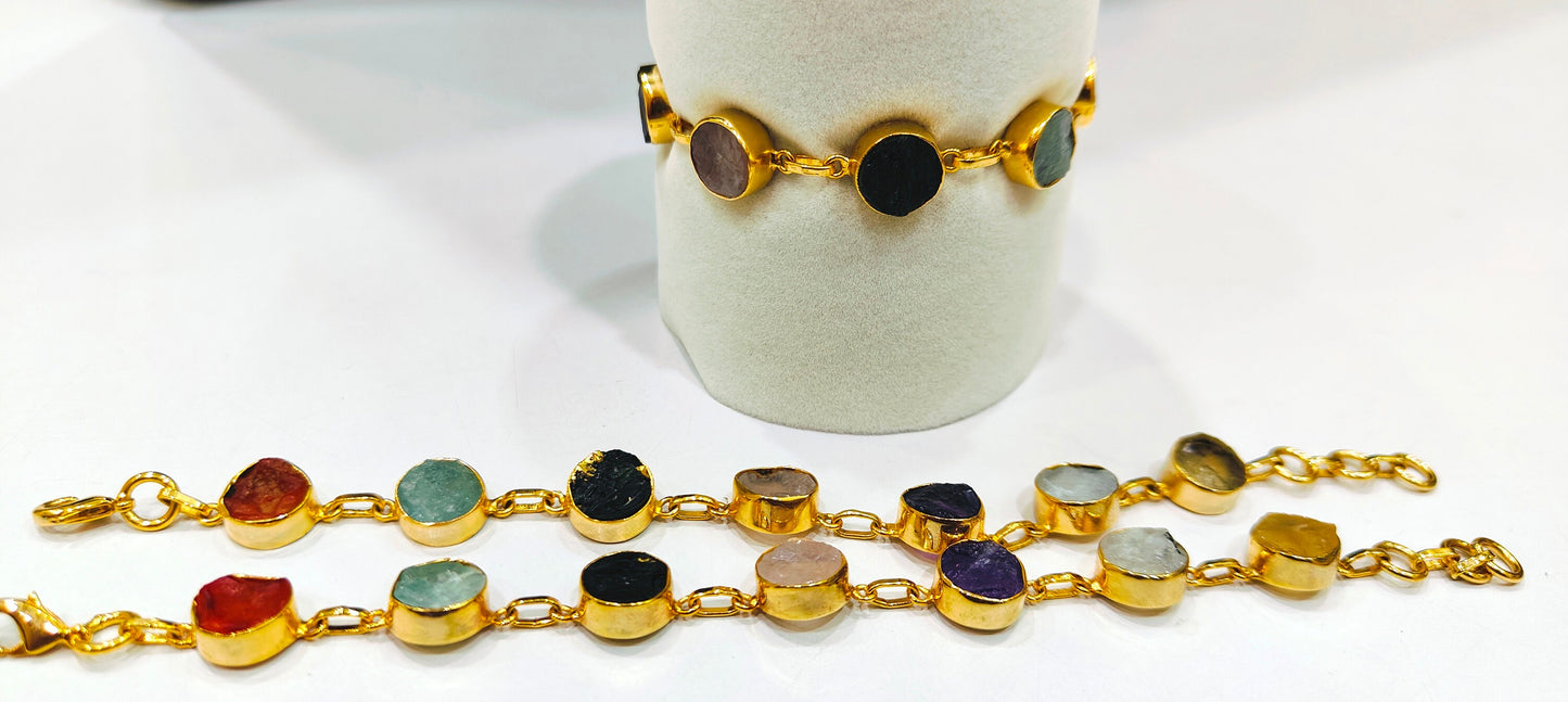 Handmade Gemstone Bracelet Multi Color Round 8mm Stones with Link Chain Gold Plated 7inches long including 1 inch extender