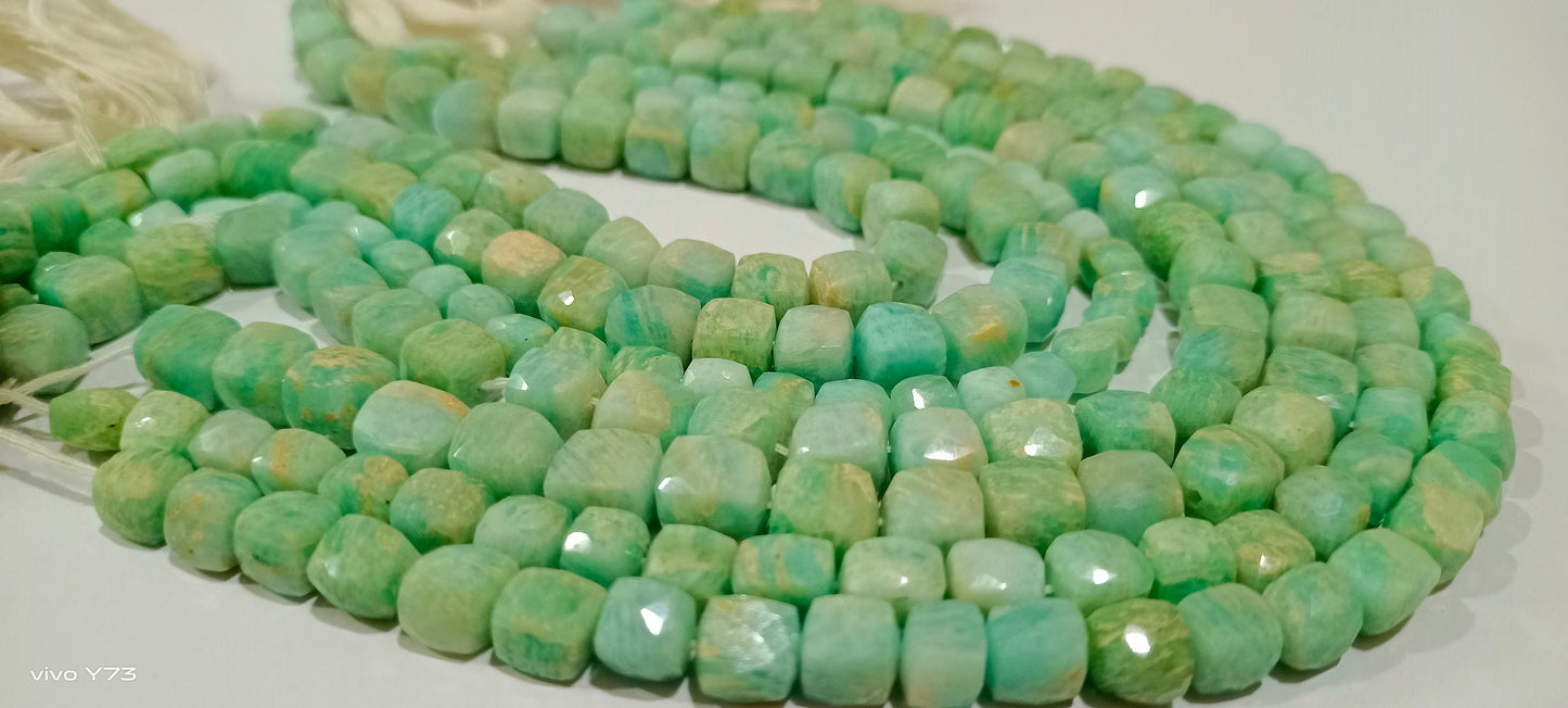 Natural Amazonite Faceted Cut Box Shape Beads 6 to 8mm Cube Shape Beads Strand 14 Inches Long Wholesale Price