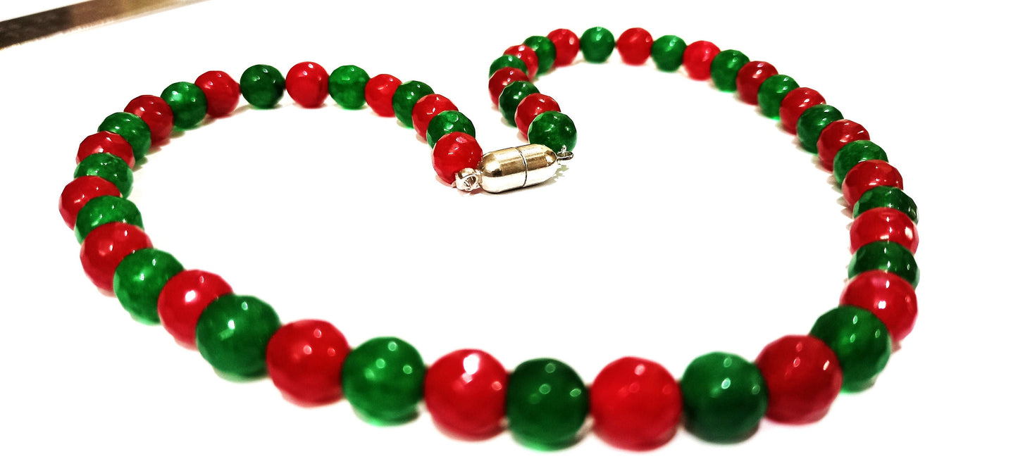 Natural Ruby Emerald Jade Round Faceted 6mm Beads Beaded Necklace With Magnetic Clasp Choose Design and Length