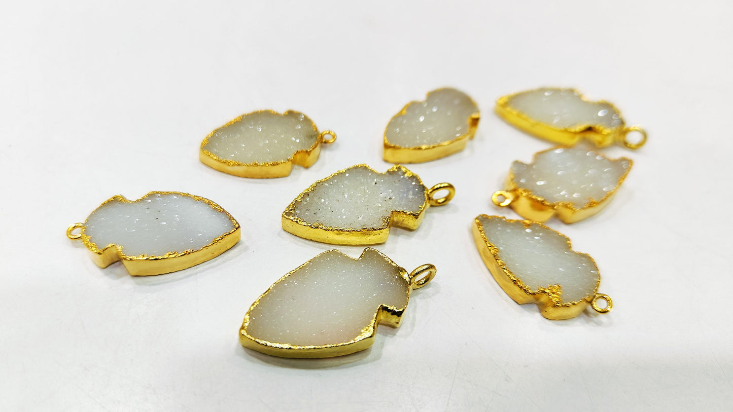 Natural White Druzy Gemstone Arrowhead Size 30x15mm Cabochon Connectors Single Loop Bezel Charm pendant Gold Electroplated sold per piece