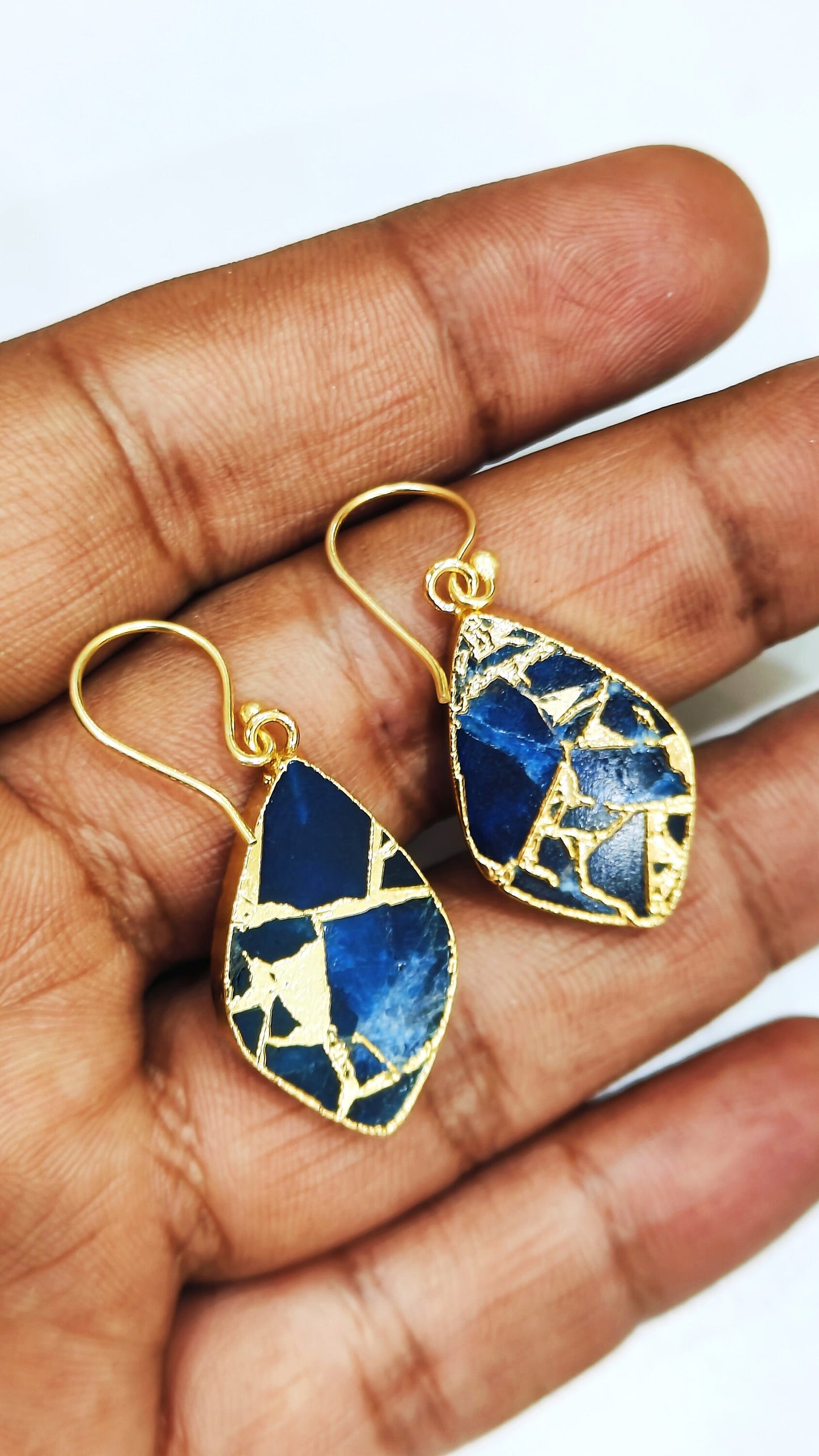 Lapis Lazuli Mohave Turquoise 18 Kt Gold Electroplated Earrings Handmade Gemstones Dangle Jewellery