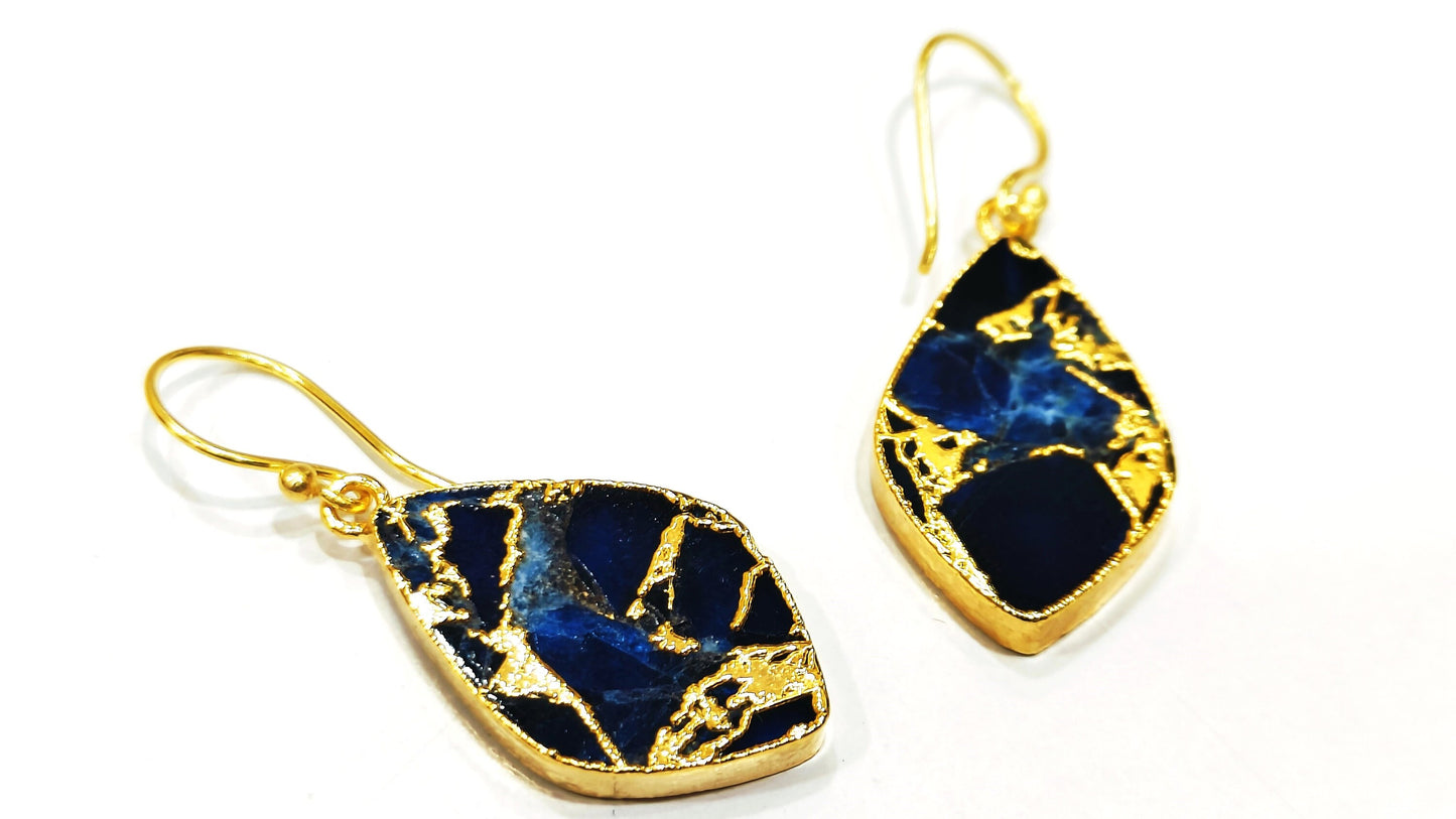 Lapis Lazuli Mohave Turquoise 18 Kt Gold Electroplated Earrings Handmade Gemstones Dangle Jewellery