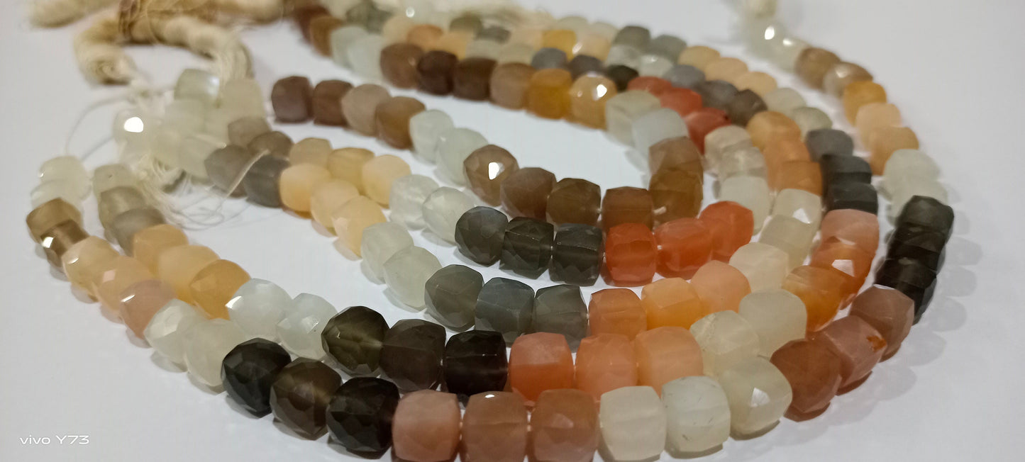 Natural Multicolor Moonstone Faceted Cut box Shape Beads 7 to 8mm Cube Shape Beads Strand 14 Inches Long Wholesale Price