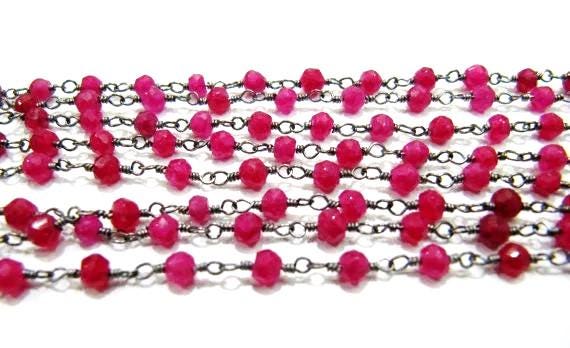 Ruby Quartz Rondelle Faceted 3-4mm Beads wire wrapped Rosary Chain Wholesale Prices Jewelry Making Gemstone chain sold per foot