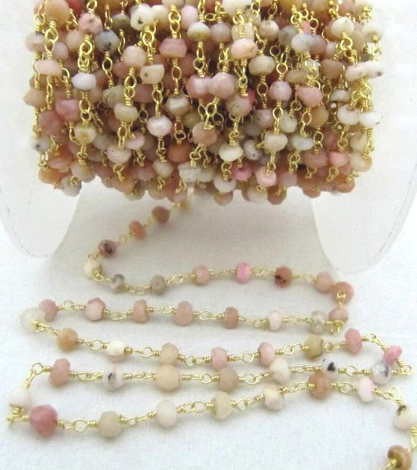Natural Pink Opal Rondelle Faceted 3-4mm Size Beaded Opal Wire Wrapped Rosary Chain Wholesale Prices Handmade Jewelry chain sold per foot