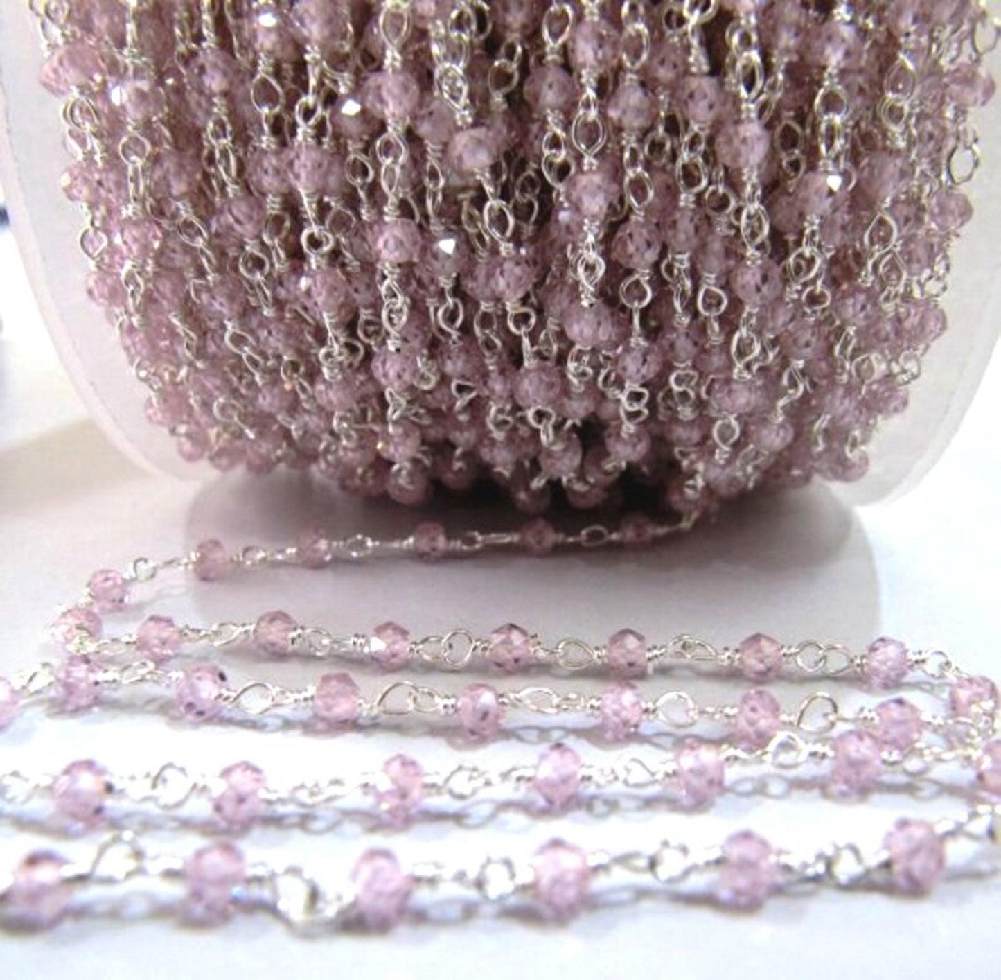 Pink CZ Rosary Chain Rondelle Faceted Beaded 3mm Size Cubic Zirconia Beads chain Jewelry Making Chain sold per foot