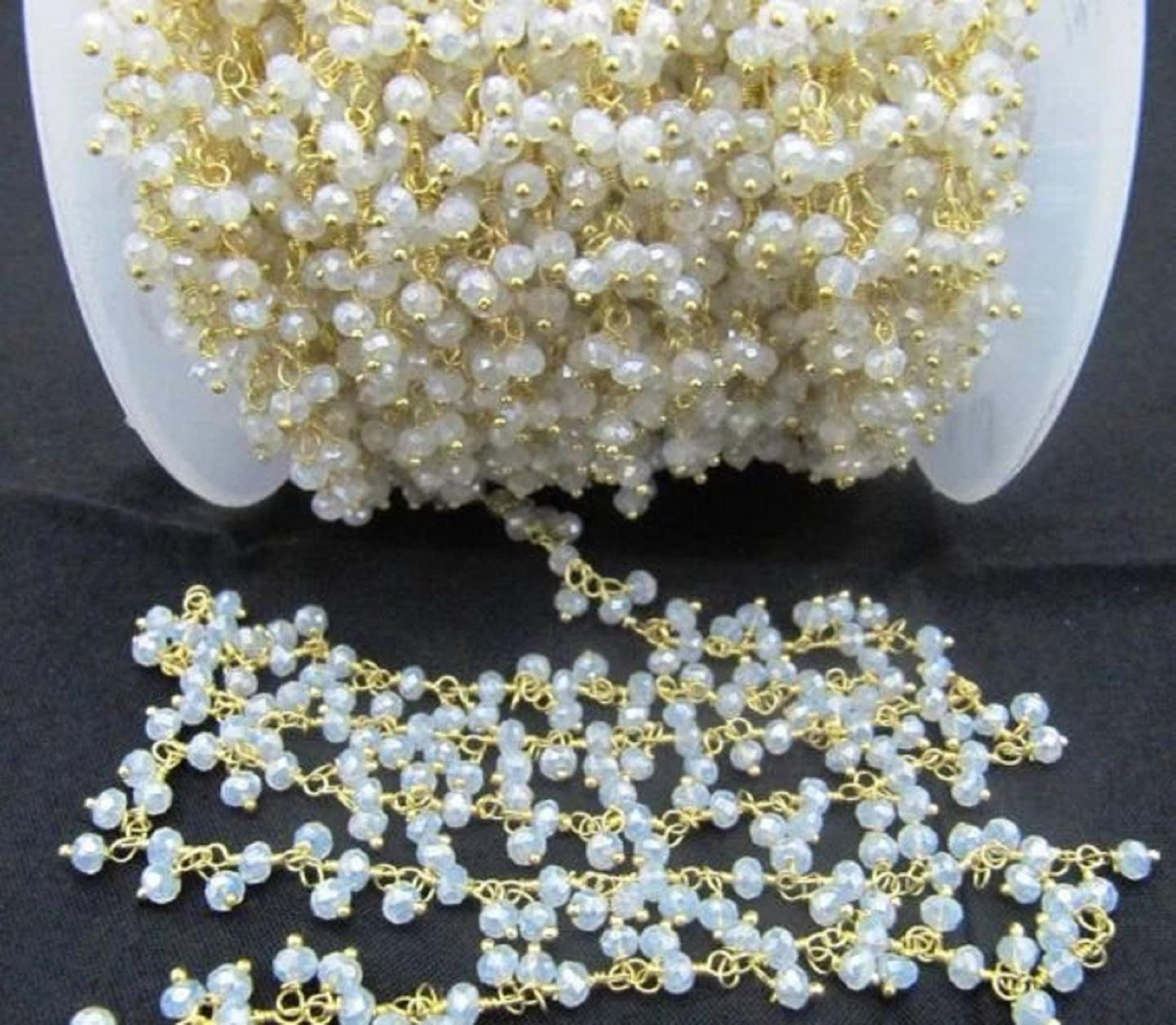 White Chalcedony Rondelle Faceted Beaded Dangling Thick Chain 3mm Size White Hydro Quartz Bead Rosary Chain Wholesale Prices sold per foot