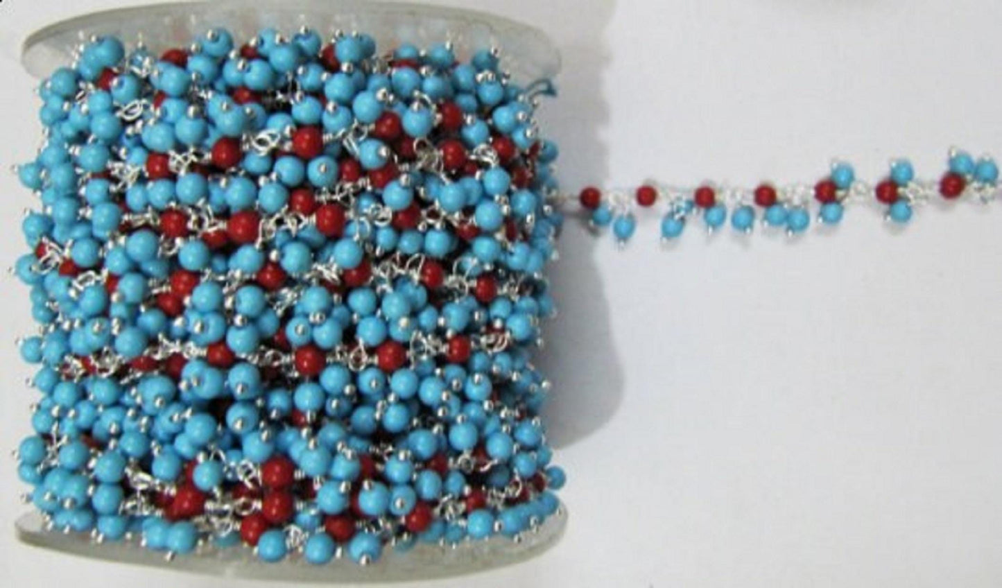 Smooth Coral Turquoise Plain Round Beads 3mm Cluster Dangling Chain. Wire Wrap Chain Wholesale Prices Jewelry Making Quartz chain per foot