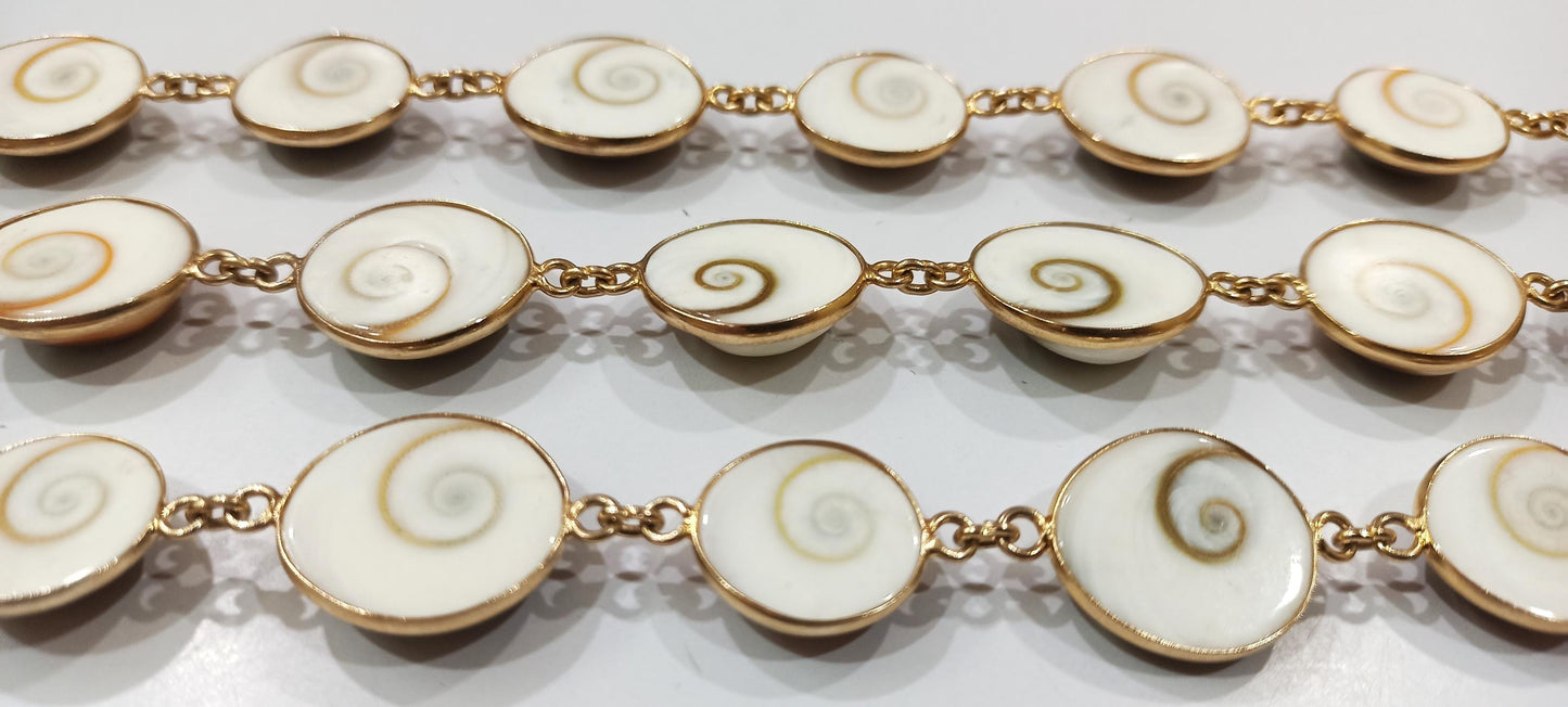 Shiva Eye Round Cabochon 12 to 18mm Shell Beads Raw Organic Fossil Domed Coin Bezel Connector Chain Sold Per Foot Gold Plated.