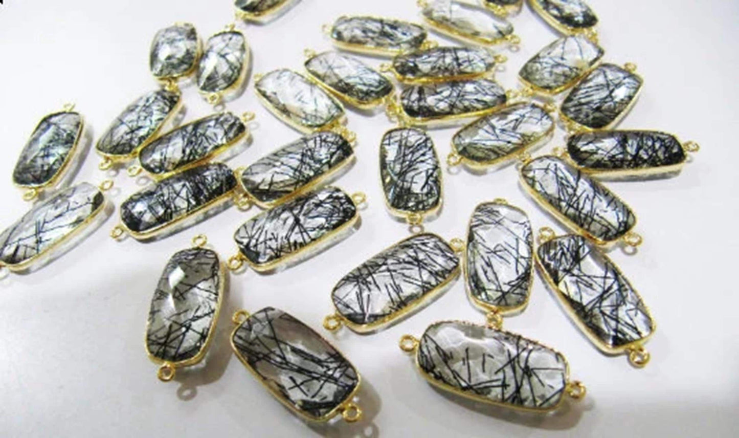 2 Piece Natural Black Rutilated Quartz Briolette Baguette Shape 11x21mm Bezel Connector Charms Pendant Double Loop