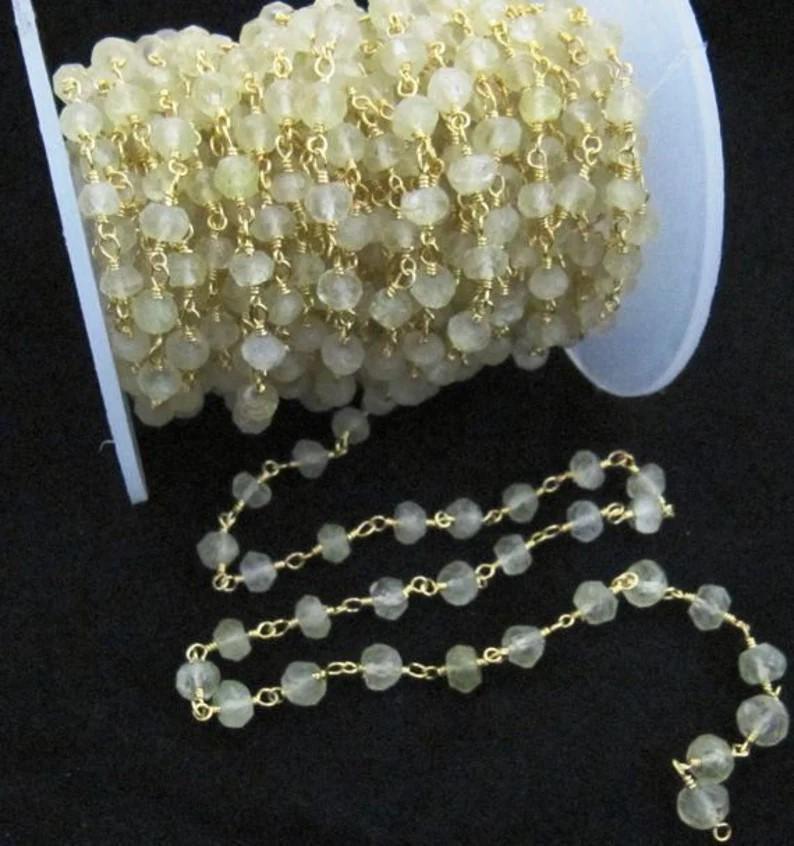 Natural Lemon Quartz Beaded Rosary Chain, Lemon Color 3 to 5mm Rondelle Faceted Rosary Bead Chain Wholesale Prices sold per foot