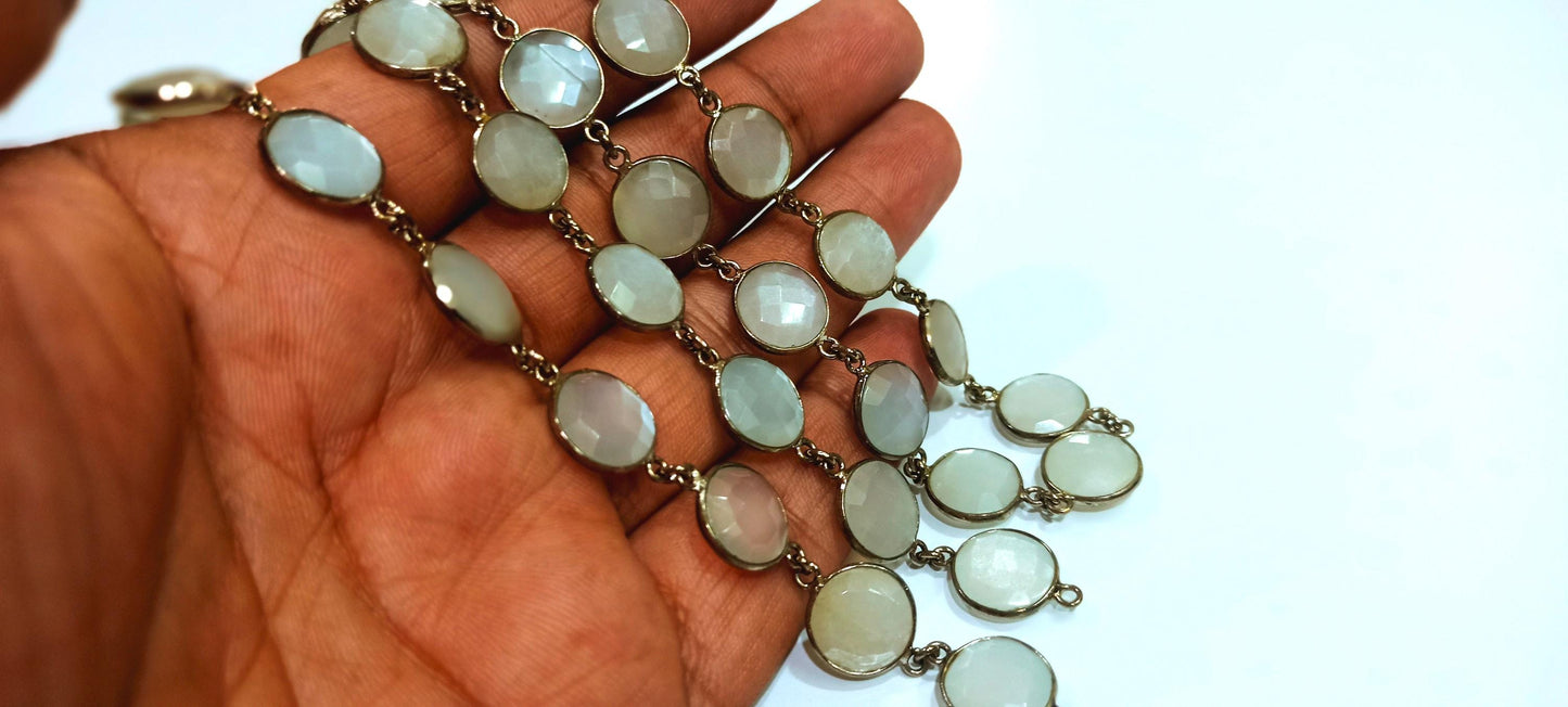 Natural White Moonstone Coin Shape Briolette 12mm Bezel Connector Chain Sold Per Foot