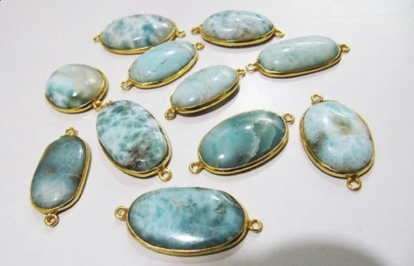 Natural Larimar Oval Shape 13*17mm Plain Smooth Bezel Connectors Larimar Stone Double Loop Cabochon Jewelry Making Charms sold per piece