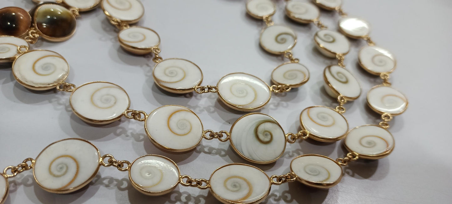 Shiva Eye Round Cabochon 12 to 18mm Shell Beads Raw Organic Fossil Domed Coin Bezel Connector Chain Sold Per Foot Gold Plated.