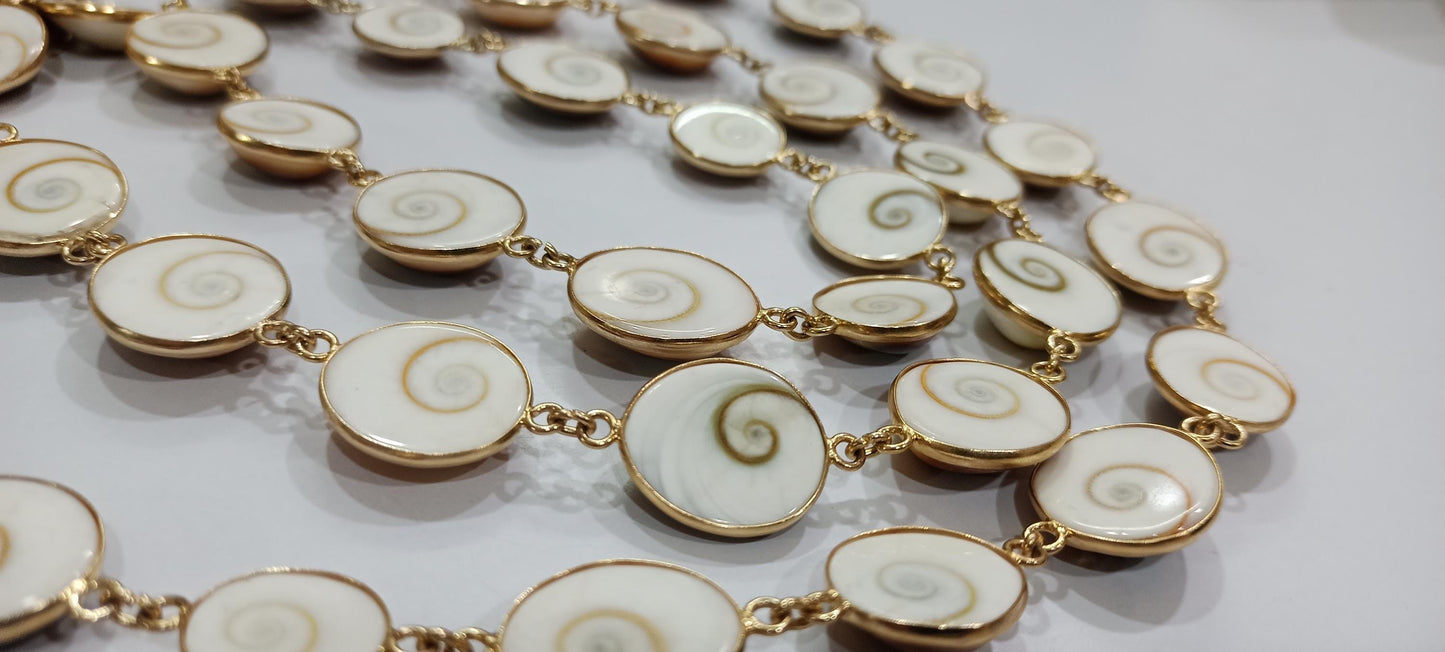 Shiva Eye Round Cabochon 12 to 18mm Shell Beads Raw Organic Fossil Domed Coin Bezel Connector Chain Sold Per Foot Gold Plated.