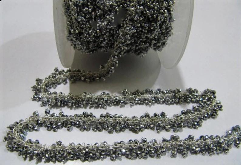 Pyrite Silver Hydro Quartz Rondelle Faceted 3mm Size Wire Wrapped Cluster Beaded Chain Wholesale Prices sold per foot