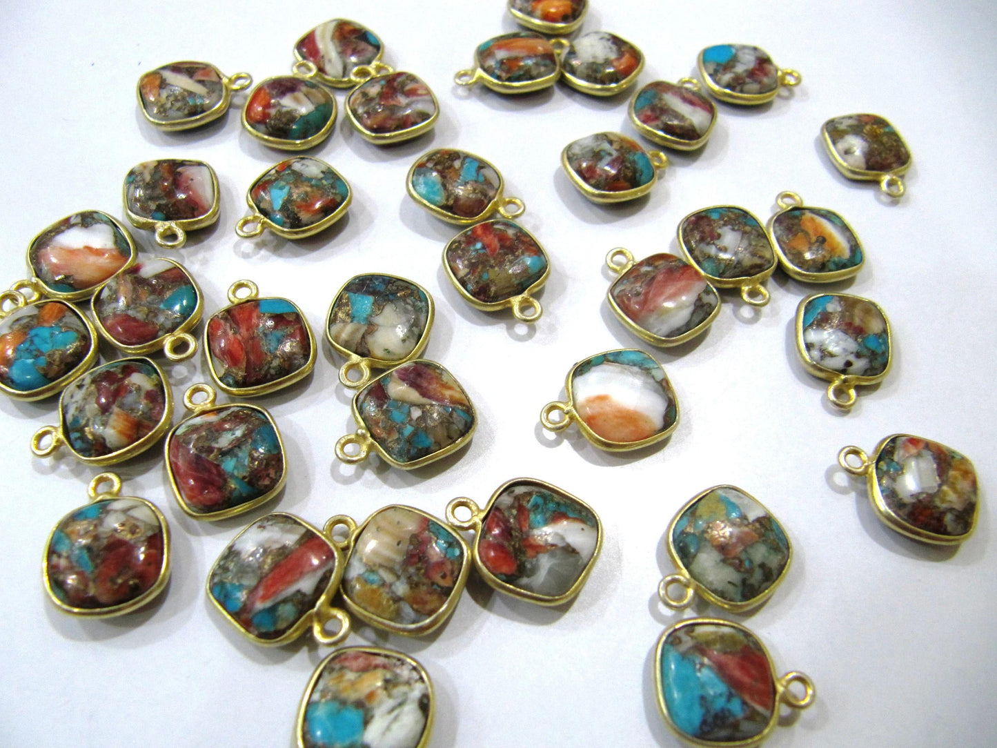 Natural Oyster Copper Turquoise Cushion Shape 10mm Briolette Connectors Single Side Loop Bezel Charms Sold per Piece