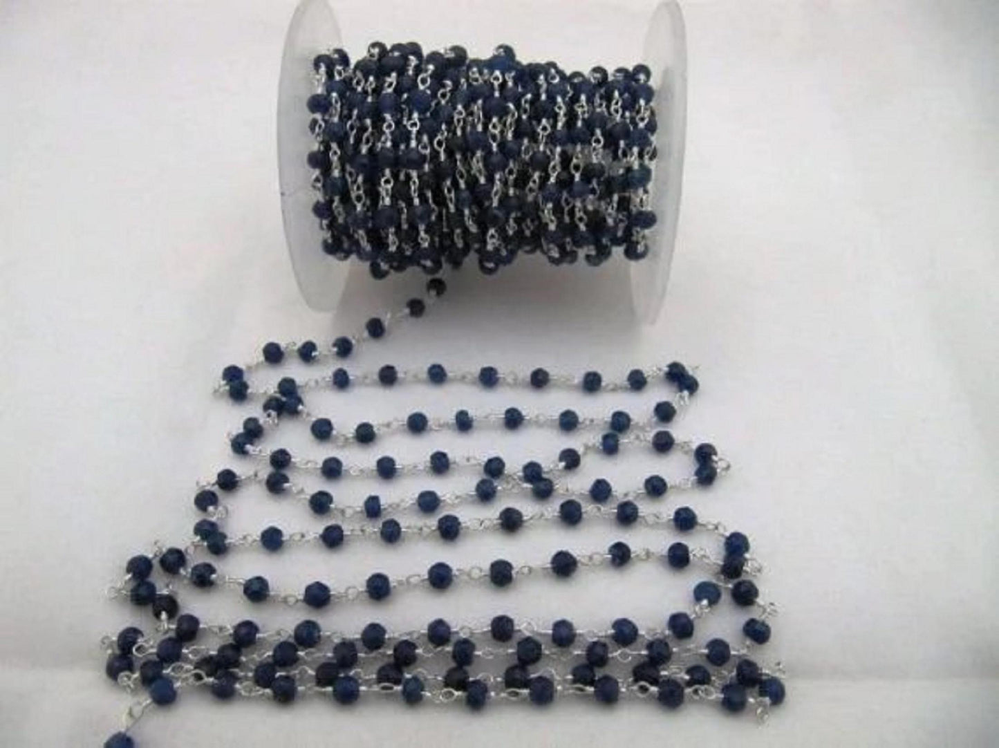 3- Feet Dyed Blue Sapphire Rondelle Faceted Size 3-4mm Dyed Beaded Wire Wrapped Rosary Chain Wholesale Prices Jewelry Making Gemstone chain