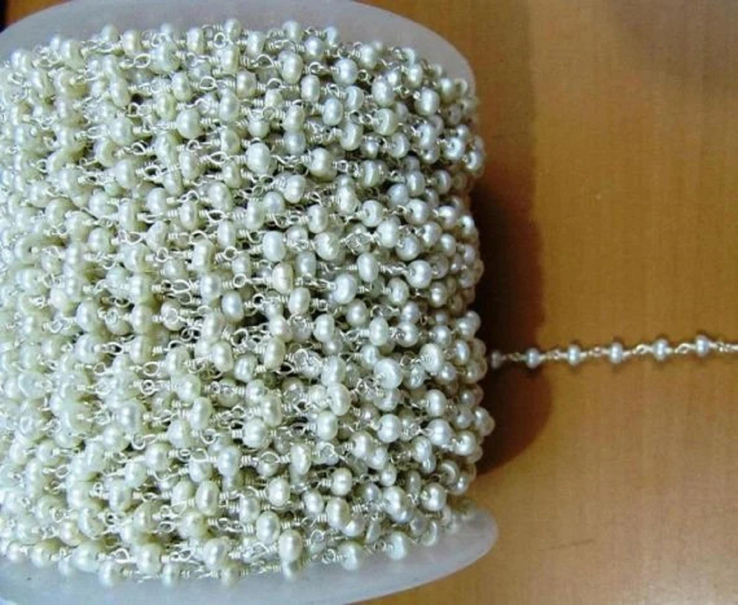 3 Ft- Pearl Beaded Sterling Silver Chain 3-4mm Approx Size Fresh Water Pearl Bead Rosary Chain Wholesale Prices gemstone chain