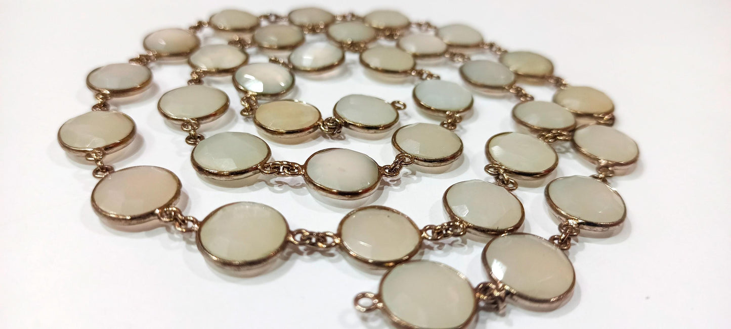 Natural White Moonstone Coin Shape Briolette 12mm Bezel Connector Chain Sold Per Foot