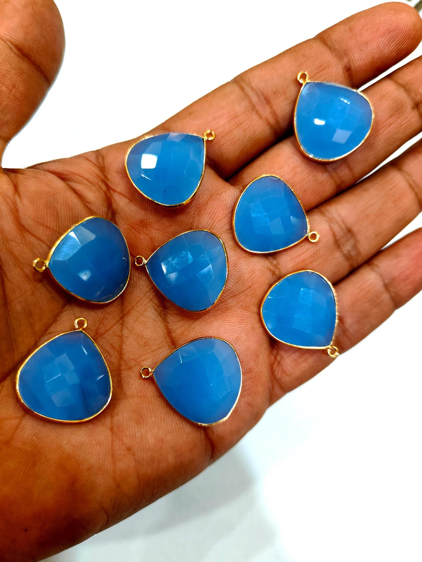 Natural Blue Chalcedony Heart Shape 20mm Briolette Single Loop Gemstone Bezel Connector Charms