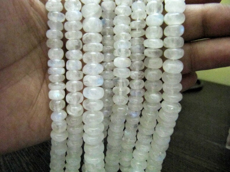 Natural White Rainbow Moonstone Rondelle Plain smooth Beads 7 to 10mm Strand 8 inches