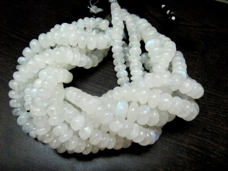 Natural White Rainbow Moonstone Rondelle Plain smooth Beads 7 to 10mm Strand 8 inches