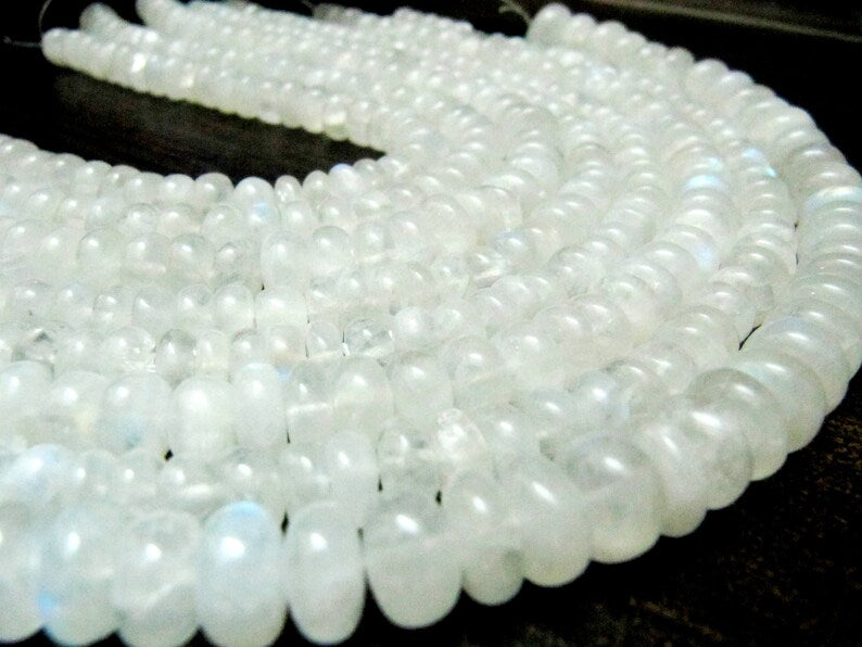 Natural White Rainbow Moonstone Rondelle Plain smooth Beads 7 to 10mm Strand 8 inches