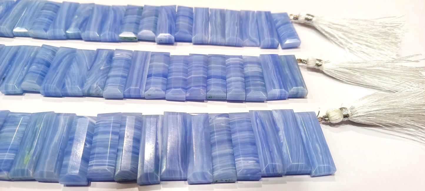 Natural Blue Lace Agate Briolette Faceted Baguette Shape 25-30mm Approximately Long Side Drilled Beads strand 8 Inches