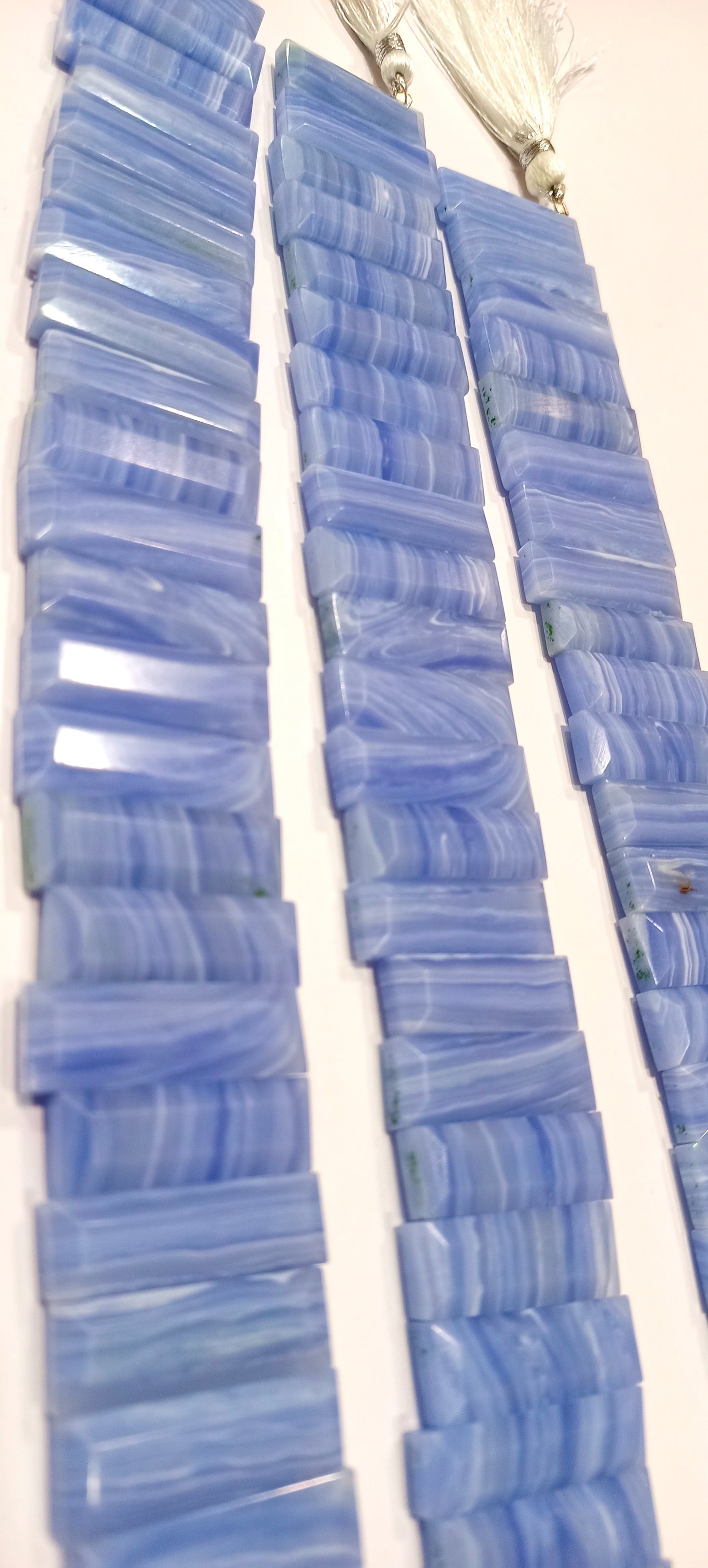 Natural Blue Lace Agate Briolette Faceted Baguette Shape 25-30mm Approximately Long Side Drilled Beads strand 8 Inches