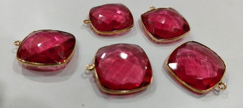 Ruby Quartz Cushion Shape 21mm Briolette Connectors Hydro Quartz Single Loop Bezel Charms