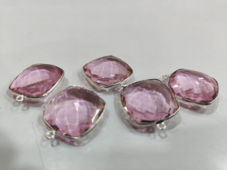 Pink Quartz Cushion Shape 21mm Briolette Connectors Hydro Quartz Single Loop Bezel Charms