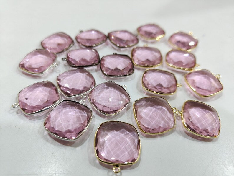 Pink Quartz Cushion Shape 21mm Briolette Connectors Hydro Quartz Single Loop Bezel Charms