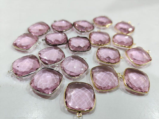 Pink Quartz Cushion Shape 21mm Briolette Connectors Hydro Quartz Single Loop Bezel Charms