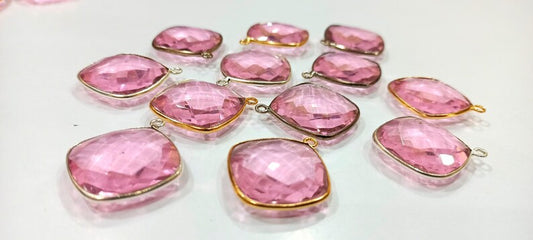 Pink Quartz Cushion Shape 21mm Briolette Connectors Hydro Quartz Corner Single Loop Bezel Charms
